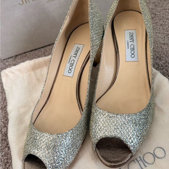 Jimmy Choo Glitter Peep Toe Heels - Picture 3 of 9